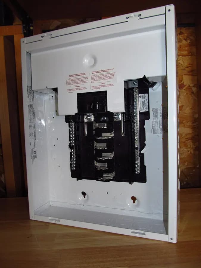 An empty white residential breaker panel box with its cover off, showing the metal bars where breakers snap in.
